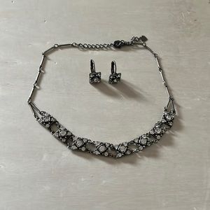 Vintage Dark Grey Silver + White Jewels Matching Earrings and Necklace Set